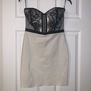 Black and white mini strapless bodycon dress